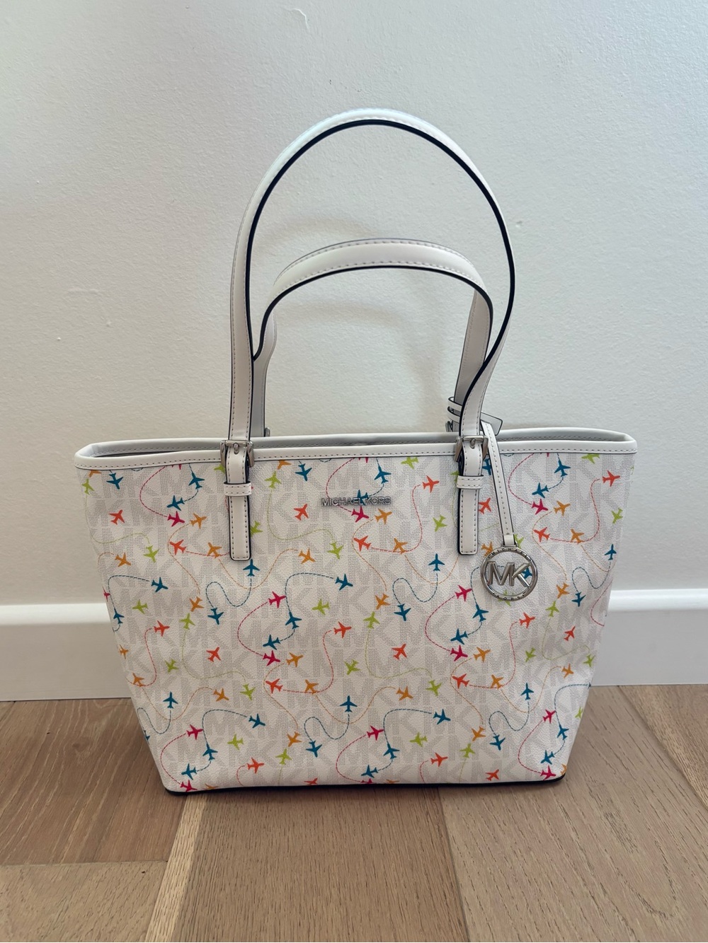 Michael Kors White Multicolor Airplane Tote